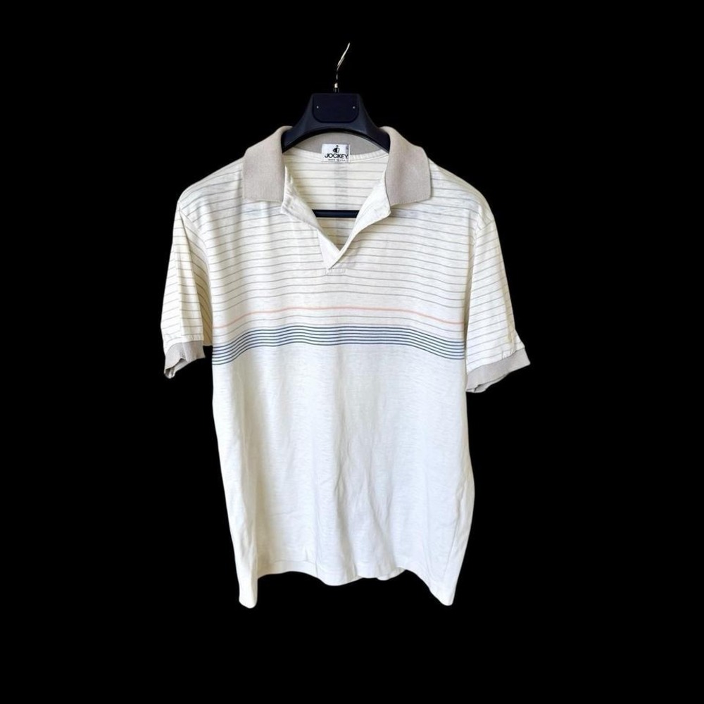 Vintage 80's Jockey Polo Shirt Large White Stripe Knit Made USA‎ Distressed